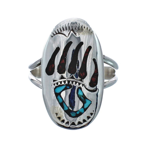Sterling Silver Coral Turquoise Inlay Bear Paw Navajo Ring Size 8 AX128384